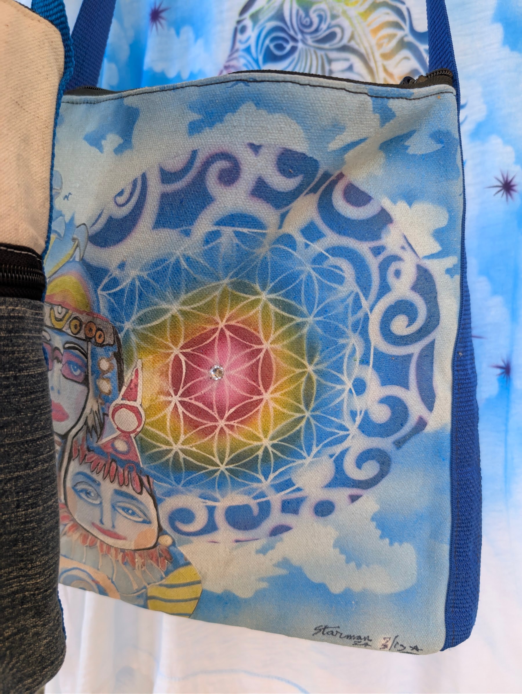 Blue hand-airbrushed tote with a geometric mandala by Star Shields