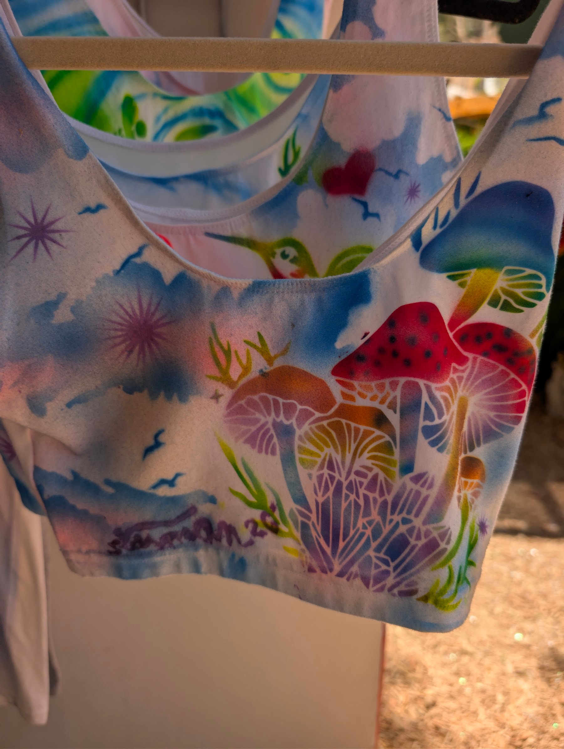Hand-airbrushed top with mushrooms and clouds by Star Shields